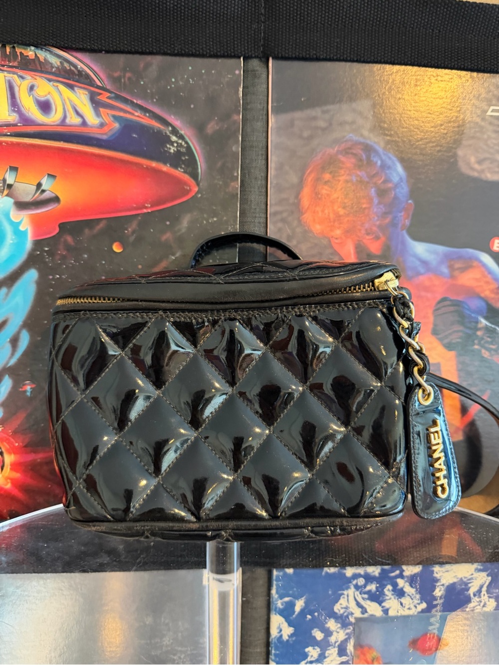 CHANEL Black Patent Quilted Belt Bag with Chain Charm
